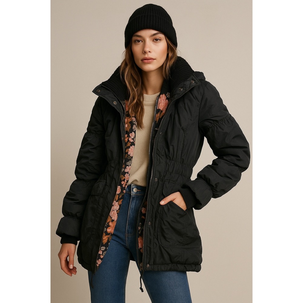 We The Free People Coat Puffer Jacket Black Medium Floral Knit Collar Cinched‎